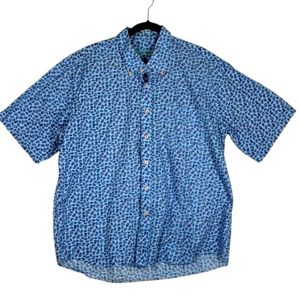 Alan Flusser Mens XXL Blue Paisley Short Sleeve 100% Cotton Button Down Shirt